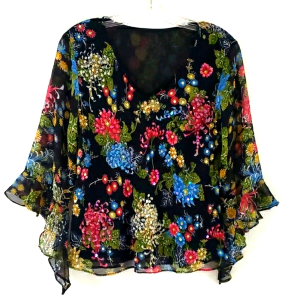 Floral embellished multi color on black mesh contrast 3/4 sleeve top, Size XL